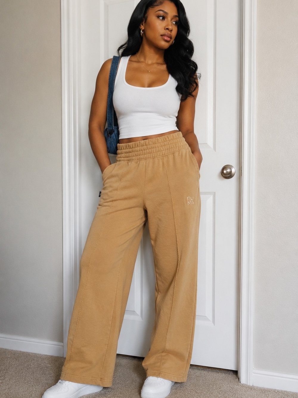 Puma Wide Leg Pull-On Pants in Tan